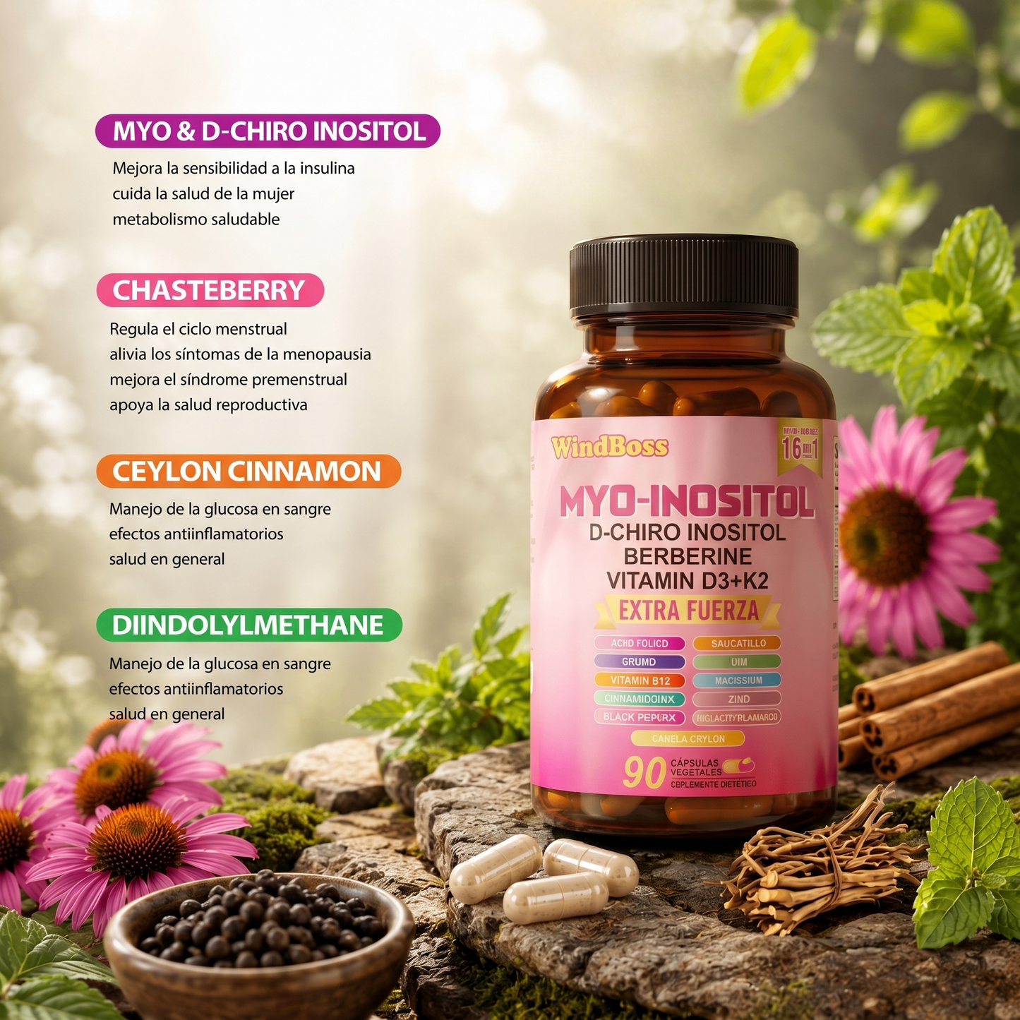 WindBoss Combo Multivitamínico de Soporte para Cortisol y Myo-Inositol
