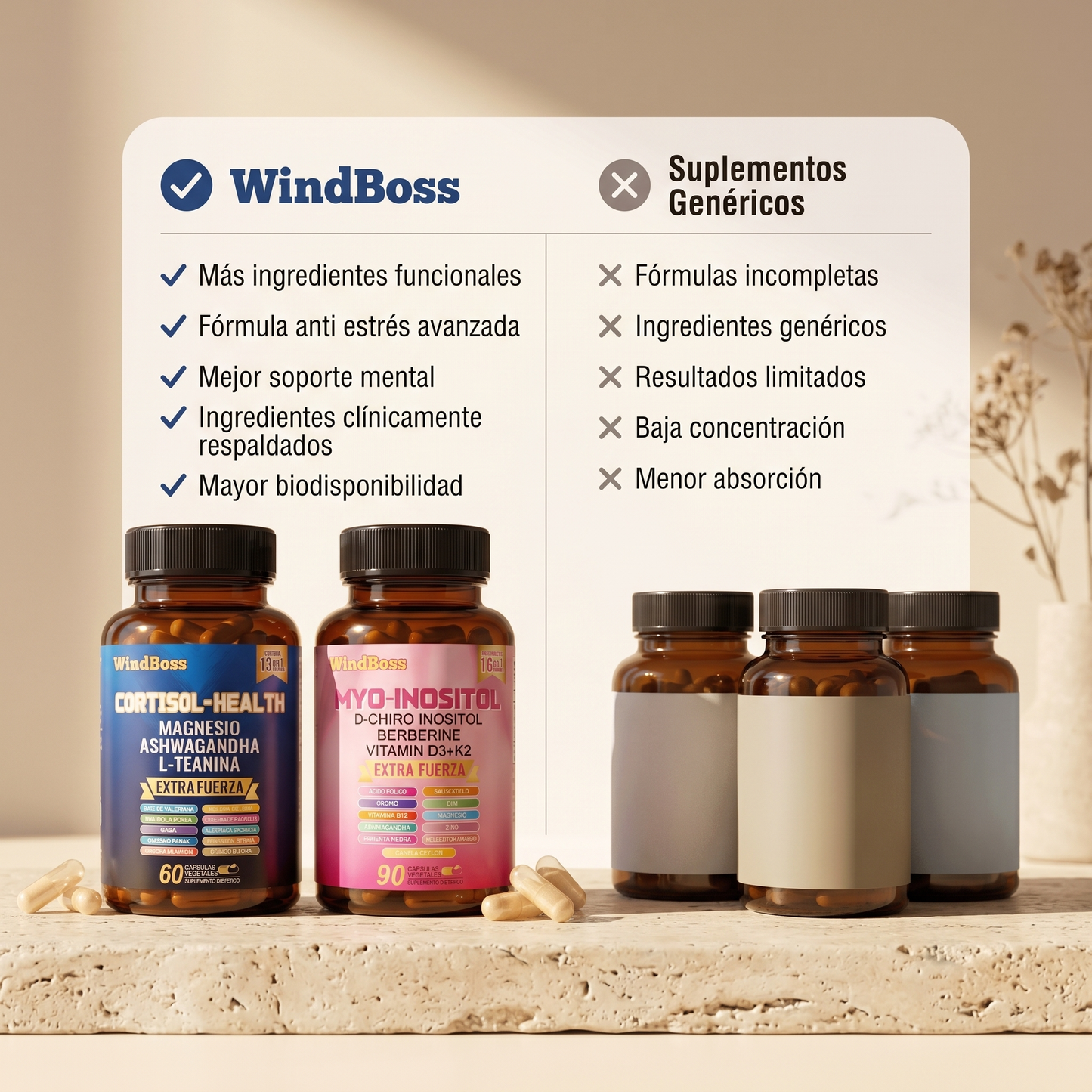 WindBoss Combo Multivitamínico de Soporte para Cortisol y Myo-Inositol